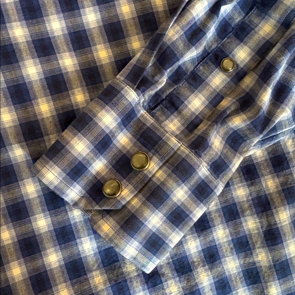 🍌 Banana Republic Western Cut Pearl Snap Navy Plaid Men's Long Sleeve Shirt - Picture 5 of 8